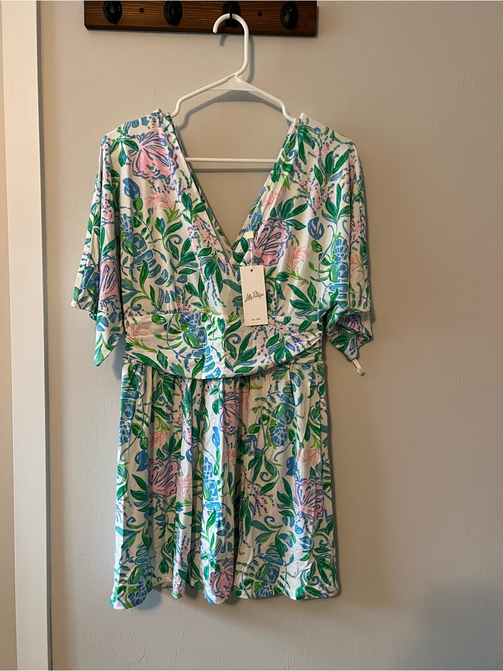 Lilly Pulitzer White Floral Wrap Dress with Pink and Green Accents